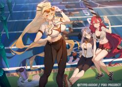  3girls arm_support artistic_error baobhan_sith_(fate) barghest_(fate) blonde_hair bottle breasts britomart_(fate) cleavage commentary_request day eyewear_on_head fate/grand_order fate_(series) green_eyes hair_between_eyes hand_on_own_hip heterochromia holding holding_phone huge_breasts hxxg large_breasts long_hair looking_at_phone looking_at_viewer medium_breasts multiple_girls navel official_art outdoors phone pointy_ears ponytail red_hair short_sleeves shorts sitting smile standing sunglasses sweat thighs toned track_and_field twintails very_long_hair water_bottle white_hair zipper zipper_pull_tab 