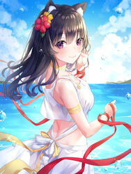  animal_ear_fluff animal_ears armband bad_id bad_twitter_id bare_shoulders black_hair blue_sky breasts bubble cat_ears choker cloud crop_top crop_top_overhang day female flower hair_flower hair_ornament hibiscus highres long_hair looking_at_viewer looking_back medium_breasts midriff ocean original outdoors purple_eyes red_ribbon ribbon shirt skirt sky sleeveless sleeveless_shirt smile solo soyubee standing water white_shirt white_skirt 