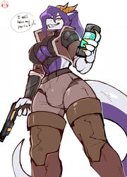  anthro big_breasts boots breasts bulge canister clothing dialogue dragon english_text footwear gold_nails gun gynomorph hair hi_res horn intersex mythological_creature mythological_scalie mythology purple_hair ranged_weapon rikari_nagano scalie solo tail text thericegoat weapon yellow_eyes 