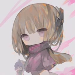  ._. 2girls ahoge bad_id bad_pixiv_id blue_hair brown_hair chibi closed_mouth commentary_request cottontailtokki crown grey_background headgear kneeling long_hair long_sleeves looking_at_viewer mini_crown multiple_girls neckerchief purple_hair purple_scarf purple_sweater scarf shadowverse shingeki_no_bahamut sleeves_past_fingers sleeves_past_wrists smile solo_focus spinaria_(shadowverse) sweater tilted_headwear very_long_hair yellow_neckerchief 