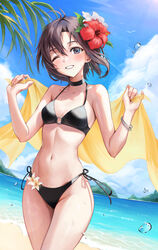  antenna_hair bad_id bad_pixiv_id beach bikini black_bikini black_choker black_hair blue_sky breasts choker cloud day female flower grey_eyes hair_flower hair_ornament hd_(sw4189101) hibiscus highres horizon idolmaster idolmaster_(classic) kikuchi_makoto looking_at_viewer ocean one_eye_closed outdoors parted_lips short_hair sky small_breasts smile solo standing swimsuit 