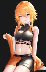  absurdres bare_shoulders belt black_background black_shirt black_shorts breasts closed_mouth crop_top cross-shaped_pupils female half-skirt hand_up highres indie_virtual_youtuber jacket kaheru_(vtuber) looking_at_viewer medium_breasts midriff navel off_shoulder orange_hair orange_jacket r3d red_eyes shirt short_hair_with_long_locks short_shorts shorts simple_background sitting sleeveless sleeveless_shirt smile solo stomach symbol-shaped_pupils thighs two-tone_shorts virtual_youtuber 