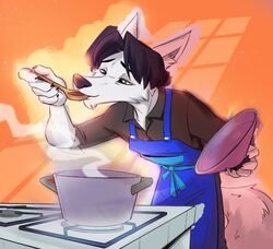  angel_wolf_(angel_generations) anthro appliance apron black_clothing black_eyebrows black_hair black_shirt black_topwear blue_apron blue_clothing brown_eyes canid canine canis clothing cooking cooking_pot cutlery dress_shirt eyebrows fire fluffy fluffy_tail food_in_mouth fur hair jetack92 kitchen_utensils male mammal shirt simple_background slurping solo spoon steam stove tail tasting tools topwear white_body white_fur wolf wooden_spoon 