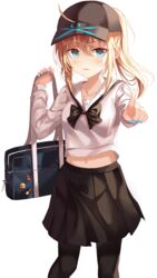  ahoge artoria_pendragon_(fate) bad_id bad_pixiv_id bag baseball_cap black_hat black_pantyhose black_skirt blonde_hair blue_eyes bow bowtie fate/grand_order fate_(series) female frown hat highres holding holding_bag long_hair long_sleeves looking_at_viewer midriff mysterious_heroine_x_(fate) nail_polish navel pantyhose pleated_skirt ponytail sailor_collar school_bag school_uniform serafuku shaffelli shirt simple_background skirt solo v-shaped_eyebrows white_background white_shirt 