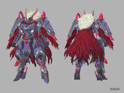  cape clenched_hands concept_art full_body grey_background horns mecha multiple_views no_humans official_art phantasy_star phantasy_star_online_2 red_eyes reference_sheet robot science_fiction standing sukekiyo56 turnaround 