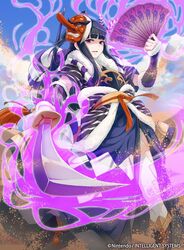  40hara armor black_hair boots bracer feathers female fire fire_emblem fire_emblem_cipher fire_emblem_fates fur_trim hand_fan highres holding holding_weapon japanese_armor magic mask naginata official_art outdoors polearm purple_eyes rhajat_(fire_emblem) tengu_mask weapon 