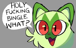  2023 aliasing ambiguous_gender black_text cel_shading cheek_tuft comment_chain dialogue digital_drawing_(artwork) digital_media_(artwork) english_text facial_tuft felid feline feral fur generation_9_pokemon green_body green_fur grey_background handwritten_text holy_fucking_bingle humor lol_comments mammal meme nintendo open_mouth pokemon pokemon_(species) profanity pupils reaction_image red_eyes red_nose red_tongue shaded simple_background slit_pupils solo speech_bubble sprigatito talking_feral text thatguynamedjoe tongue tuft 