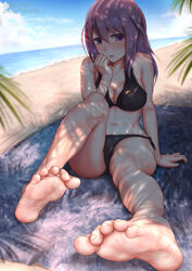  absurdres aiou_akahiko alice_gear_aegis alternate_costume arm_support barefoot beach beach_towel bikini black_bikini blue_sky blurry blurry_foreground breasts cloud cloudy_sky commentary_request commission day embarrassed feet female foot_focus foreshortening hair_between_eyes hand_up highres knee_up large_breasts leaning_back legs long_hair looking_at_viewer navel nikotama_mai outdoors pixiv_id purple_eyes purple_hair side-tie_bikini_bottom sidelocks skeb_commission sky soles solo swimsuit toe_scrunch toenails toes towel twitter_username 