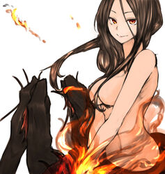  arachne arthropod_girl black_hair breasts chaos_witch_quelaag closed_mouth commentary_request dark_souls_(series) dark_souls_i female fire floating_hair hair_between_eyes hair_censor hair_over_breasts long_hair looking_at_viewer medium_breasts monster_girl navel no_nipples nude parted_bangs partial_commentary ponytail red_eyes sidelocks simple_background smile solo spider_girl stomach takena-c taur white_background 