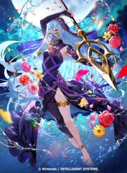  anklet azura_(fire_emblem) azura_(performing_arts)_(fire_emblem) barefoot black_dress black_veil blue_hair commentary_request dress elbow_gloves female fire_emblem fire_emblem_cipher fire_emblem_fates flower fuzichoco gloves holding holding_weapon jewelry long_hair moon mouth_veil official_art outdoors polearm purple_ribbon ribbon single_leg_pantyhose spear veil walkie-talkie water_drop weapon yellow_eyes 