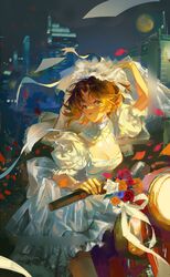  absurdres arm_up blue_eyes blue_flower blue_rose bouquet bracelet breasts bridal_veil bride brown_hair building cleavage dress female flower full_moon highres jewelry lifting_own_clothes meitantei_conan miujiii moon motor_vehicle motorcycle night night_sky orange_flower orange_rose outdoors petals puffy_short_sleeves puffy_sleeves red_flower red_rose ring rose saddle short_sleeves sky skyscraper smile solo tooyama_kazuha veil veil_lift wedding_dress white_dress white_flower white_rose wind 