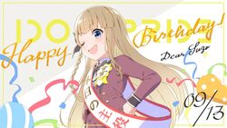  birthday blonde_hair blue_eyes braid female happy_birthday highres idoly_pride long_hair looking_at_viewer narumiya_suzu official_art one_eye_closed open_mouth qp:flapper smile 