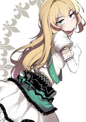  absurdres blonde_hair blush breasts brown_dust character_request closed_mouth dress elbow_gloves female gloves green_eyes hemuling highres korean_commentary long_hair looking_at_viewer puffy_short_sleeves puffy_sleeves short_sleeves simple_background small_breasts solo tiara white_background white_dress white_gloves 