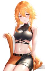  absurdres bare_shoulders belt black_shirt black_shorts breasts closed_mouth crop_top cross-shaped_pupils female half-skirt hand_up highres indie_virtual_youtuber jacket kaheru_(vtuber) looking_at_viewer medium_breasts midriff navel off_shoulder orange_hair orange_jacket r3d red_eyes shirt short_hair_with_long_locks short_shorts shorts sitting sleeveless sleeveless_shirt smile solo stomach symbol-shaped_pupils thighs transparent_background two-tone_shorts virtual_youtuber 