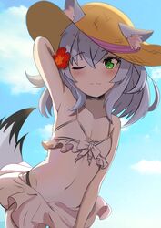  animal_ear_fluff animal_ears arm_up bare_shoulders bikini collarbone day female flat_chest flower green_eyes grey_hair hair_flower hair_ornament hat highres kamizuki_naki navel one_eye_closed outdoors prism_project solo straw_hat swimsuit tail the_k_art virtual_youtuber wolf_ears wolf_girl wolf_tail 