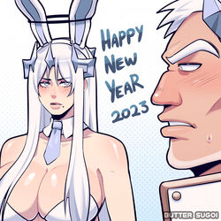  1boy 2023 animal_ears artist_name blush breasts butter_sugoi chinese_zodiac cleavage detached_collar facial_hair fake_animal_ears female goatee happy_new_year headgear huge_breasts leotard mole mole_under_mouth necktie original playboy_bunny rabbit_ears short_necktie sidelocks strapless strapless_leotard sweatdrop white_eyes white_hair white_leotard year_of_the_rabbit 