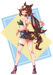  alternate_costume animal_ears bare_shoulders black_choker black_footwear blush bracelet breasts brown_hair choker commentary_request denim denim_shorts female from_behind full_body grin hair_between_eyes hair_ornament hair_scrunchie high_heels highres horse_ears horse_girl horse_tail jewelry long_hair looking_at_viewer looking_back midriff mihasame multicolored_hair nape o-ring o-ring_top ponytail red_eyes scrunchie shorts sirius_symboli_(umamusume) smile solo streaked_hair tail tail_scrunchie tail_through_clothes thigh_strap umamusume very_long_hair white_hair 