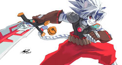  1boy absurdres andrew_leung animal_ear_fluff animal_ears armor bell belt blue_hair brown_gloves dated fingerless_gloves fingernails furry furry_male gloves highres holding holding_sword holding_weapon male_focus multicolored_hair onmyou_taisenki pauldrons red_eyes sharp_fingernails shoulder_armor signature simple_background smile solo spiked_hair sword tail tail_bell tail_ornament teeth weapon white_background white_hair yin_yang 