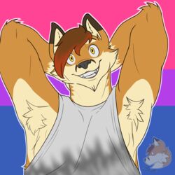  1:1 anthro bisexual_pride_colors brown_body brown_fur canid canine codyf0xx dakota_mathews dipstick_ears ear_markings fox fur lgbt_pride male mammal multicolored_ears pride_color_background pride_colors simple_background solo tan_body tan_fur yellow_eyes 