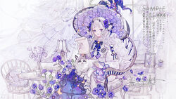  animal_on_lap artist_name cat_on_lap chair curtains feline female flower frilled_hat frills hair_flower hair_ornament hat hat_ornament highres horns indoors lamp long_hair long_sleeves on_lap original pansy poppy_(flower) purple_eyes purple_flower purple_pansy purple_skirt sample_watermark senryoko sitting skirt space_print star_(symbol) starry_sky_print vase very_long_hair watermark wavy_hair white_hair window witch witch_hat 