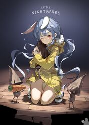  absurdres animal_ears bad_id blue_background blue_hair brat_(brabrabrat00) carrot closed_mouth cosplay english_text female full_body gradient_background highres hololive hood hoodie hug indoors little_nightmares long_hair long_sleeves looking_at_another looking_down nome_(little_nightmares) one_eye_closed orange_eyes rabbit_ears rabbit_girl rabbit_tail short_eyebrows six_(little_nightmares) six_(little_nightmares)_(cosplay) smile solo_focus squatting stage tail thick_eyebrows twintails usada_pekora very_long_hair virtual_youtuber white_footwear wooden_floor yellow_hoodie yellow_raincoat 