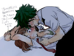  1boy arms_up blush boku_no_hero_academia bra breasts brown_eyes brown_hair collared_shirt commentary_request curly_hair female green_hair hk_(nt) holding_another&#039;s_arm holding_another&#039;s_wrist imminent_rape looking_to_the_side lying medium_breasts midoriya_izuku necktie nervous nervous_sweating on_back open_clothes open_shirt restrained scar scar_on_arm shirt simple_background straight sweat sweatdrop translation_request unbuttoned underwear uraraka_ochako wavy_mouth white_background white_shirt 