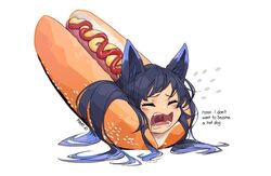  animal_ear_fluff animal_ears bad_id bad_twitter_id closed_eyes commentary commission commissioner_insert crying d: english_commentary fangs female flying_sweatdrops foodification fox_ears hot_dog hot_dog_bun i_don&#039;t_want_to_be_bread_(meme) ketchup long_hair meme multicolored_hair mustard open_mouth original pikat purple_hair second-party_source sesame_seeds signature simple_background solo two-tone_hair white_background 