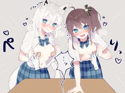  !? 2girls :d absurdres ahoge animal_ear_fluff animal_ears aogami_high_school_uniform areola_slip asymmetrical_legwear bad_id bad_twitter_id bandaid bandaids_on_nipples blue_bow blue_bowtie blue_eyes blue_skirt blush bow bowtie braid breasts breath brown_hair cat_hair_ornament chiyomaru_(yumichiyo0606) collared_shirt cowboy_shot crossed_bangs desk disembodied_hand dress_shirt ear_piercing emphasis_lines expectant flashing fox_ears fox_girl fox_tail furrowed_brow grey_background hair_between_eyes hair_ornament hair_ribbon heart highres hololive hololive_error long_hair looking_at_viewer medium_breasts medium_hair miniskirt multiple_girls natsuiro_matsuri navel no_bra official_alternate_costume open_clothes open_mouth open_shirt pasties peeling piercing plaid plaid_bow plaid_skirt ribbon school_desk school_uniform shirakami_fubuki shirt shirt_tucked_in short_sleeves side_braid side_ponytail sidelocks simple_background single_braid skirt smile sound_effects striped striped_ribbon sweatdrop tail virtual_youtuber white_shirt wing_collar 