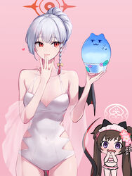  2girls :3 absurdres bare_arms bare_legs bare_shoulders bikini blue_archive blush braid breasts brown_hair collarbone covered_navel cowboy_shot demon_wings finger_to_mouth flower food gradient_background grey_hair hair_ornament halo hand_to_own_mouth haruna_(blue_archive) haruna_(swimsuit)_(blue_archive) heart highleg highleg_swimsuit highres holding holding_food kanzashi korean_commentary long_hair looking_at_another multiple_girls nose_blush official_alternate_costume one-piece_swimsuit pink_background pink_bikini pink_flower purple_eyes red_eyes shaved_ice shizuko_(blue_archive) shizuko_(swimsuit)_(blue_archive) side_braid simple_background sjuno smile sweatdrop swimsuit tail tears twintails very_long_hair wings 