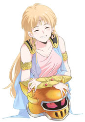  agahari aged_up armlet closed_eyes dragon_quest dragon_quest_dai_no_daibouken earrings fake_horns female grin helmet highres horned_headwear horned_helmet horns jewelry light_brown_hair long_hair princess_leona sleeveless smile vambraces white_background 