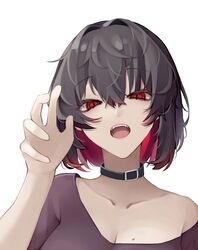  absurdres black_hair breasts cleavage collar commentary female highres large_breasts looking_at_viewer mole mole_on_breast multicolored_hair open_mouth original red_eyes red_hair simple_background slit_pupils solo teeth two-tone_hair white_background yuu_azma 