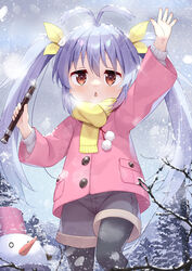  antenna_hair arm_up bare_tree black_pantyhose blush brown_eyes coat female flute grey_shorts hair_between_eyes hair_ribbon highres holding holding_flute holding_instrument instrument long_hair long_sleeves miyauchi_renge non_non_biyori nyanpassu~ open_mouth pantyhose pink_coat pom_pom_(clothes) purple_hair recorder ribbon scarf shorts snow snowing snowman solo taku_michi tree triangle_mouth yellow_ribbon yellow_scarf 