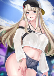  462vvv absurdres backwards_hat bag bandaid bandaid_on_face bandaid_on_nose baseball_cap blonde_hair blunt_bangs blurry blurry_background breasts centi_(nikke) centi_(supreme_holiday)_(nikke) cleavage clothing_cutout crop_top denim denim_shorts female goddess_of_victory:_nikke hat highres jewelry long_hair looking_at_viewer navel necklace open_mouth satchel shorts shoulder_cutout smile solo standing 