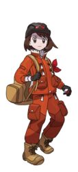  absurdres backpack bag black_headwear boots brown_eyes brown_footwear brown_hair closed_mouth expedition_uniform female full_body gloria_(pokemon) hard_hat helmet highres holding holding_poke_ball jacket looking_at_viewer official_art oomura_yuusuke orange_jacket orange_pants outline pants poke_ball poke_ball_(basic) pokemon pokemon_swsh short_hair solo standing transparent_background white_outline work_boots 