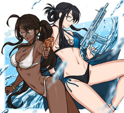  2girls ;d ahoge bare_arms bare_legs bikini black-framed_eyewear black_bikini black_hair bracelet breasts brown_eyes brown_hair commentary_request dark-skinned_female dark_skin drill_(emilio) folded_ponytail glasses grey_eyes hair_between_eyes highres jewelry long_hair looking_at_viewer medium_breasts multiple_girls myra_(drill_(emilio)) navel necklace o-ring o-ring_bikini one_eye_closed open_mouth original parted_lips ponytail semi-rimless_eyewear sidelocks smile stomach swimsuit under-rim_eyewear very_long_hair water water_gun white_bikini 