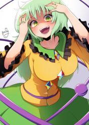  :d absurdres alternate_hair_length alternate_hairstyle breasts commentary_request crazy_eyes female green_eyes green_hair green_skirt hands_in_hair hands_up highres komeiji_koishi large_breasts long_hair looking_at_viewer messy_hair no_headwear open_mouth polyhedron2 red_eyes shirt skirt sleeves_past_elbows smile solo teeth third_eye tongue touhou very_long_hair wide-eyed wide_sleeves yellow_shirt 