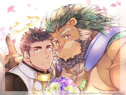  2boys animal_ears arsalan_(housamo) backlighting bara bare_pectorals beard black_bodysuit black_hair blush bodysuit bouquet brown_eyes brown_fur chest_hair close-up couple face-to-face facial_hair fingernails flower furry furry_male furry_with_non-furry green_hair halo interspecies large_pectorals lion_boy lion_ears looking_at_viewer male_focus mature_male medium_hair multiple_boys muscular muscular_male pectorals petals selfie sharp_fingernails short_hair skin_tight smile stubble tight_clothes tokyo_afterschool_summoners upper_body v wafu_(youzora_samo18) yaoi yellow_eyes zabaniyya_(housamo) 