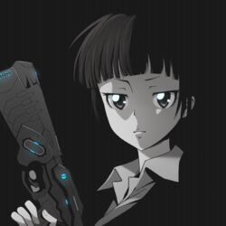  black_background blunt_bangs closed_mouth commentary dominator_(gun) english_commentary female glowing glowing_weapon greyscale gun handgun highres holding holding_gun holding_weapon jitome kukie-nyan looking_at_viewer monochrome nose_shade psycho-pass serious shirt short_hair simple_background solo spot_color tsunemori_akane tsurime upper_body weapon wing_collar 