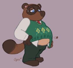  2020 animal_crossing anthro belly bodily_fluids bottomwear brown_body brown_fur canid canine clothing fur humanoid_hands male mammal nintendo overweight overweight_anthro overweight_male pants raccoon_dog shirt simple_background solo spectral-bat sweat tanuki tom_nook_(animal_crossing) topwear 