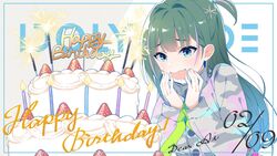  birthday birthday_cake blue_eyes breasts cake female food fruit green_hair happy_birthday highres idoly_pride komiyama_ai long_hair looking_at_viewer official_art open_mouth qp:flapper solo strawberry 