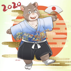  1:1 2020 anthro asian_clothing blue_eyes blush chinese_zodiac clothing colored east_asian_clothing fur grey_body grey_fur humanoid_hands japanese_clothing kemono male mammal mioki mouse multicolored_body multicolored_fur murid murine new_year_2020 robe rodent solo tan_body tan_fur two_tone_body two_tone_fur year_of_the_rat young 