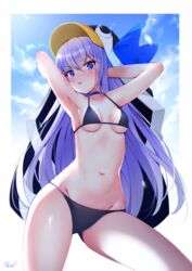  animal_costume armpits arms_behind_head arms_up banned_artist bare_arms bare_shoulders blue_choker blue_eyes breasts choker cloud fate/grand_order fate_(series) female groin halter_top halterneck highres long_hair looking_at_viewer meltryllis meltryllis_(swimsuit_lancer)_(fate) navel outside_border penguin_costume purple_hair sana_hamada small_breasts solo stomach strap_gap string_bikini sunlight thighs tongue tongue_out very_long_hair 