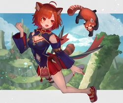  :d ahoge animal_ears breasts brooch brown_hair cleavage clothing_cutout day ear_piercing female full_body hair_ornament hairclip highres jewelry long_sleeves navel_cutout nijisanji open_mouth piercing ratna_petit ratna_petit_(2nd_costume) red_eyes red_nails red_panda red_panda_ears red_panda_tail red_skirt skirt smile solo sooon virtual_youtuber wide_sleeves x_hair_ornament 