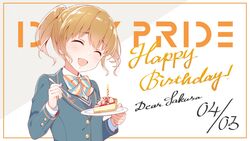  birthday blonde_hair bow brown_hair closed_eyes commentary_request female food happy_birthday highres idoly_pride kawasaki_sakura_(idoly_pride) looking_at_viewer official_art open_mouth qp:flapper short_hair smile twintails 