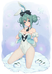  ahoge animal_ears baeg_mi bicute_bunnies_miku black_bow black_necktie blue_background blue_eyes blue_hair blush bow breasts cleavage closed_mouth commentary covered_navel detached_sleeves double_bun ear_ribbon female fishnet_pantyhose fishnets full_body fur_collar hair_bun hand_on_own_chest hatsune_miku highres kneeling leotard looking_at_viewer medium_breasts necktie pantyhose playboy_bunny rabbit rabbit_ears short_hair sidelocks smile snow_rabbit snowflakes solo strapless strapless_leotard tied_ears vocaloid white_leotard white_pantyhose wrist_cuffs 