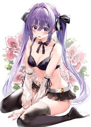  assault_lily bare_shoulders belt between_legs black_bow black_bowtie black_bra black_ribbon black_skirt black_thighhighs blush bow bowtie bra breasts cleavage collarbone commentary detached_sleeves female fingernails floral_background flower frilled_skirt frills hair_between_eyes hair_intakes hairbow hand_between_legs highres jewelry long_hair long_sleeves looking_at_viewer medium_breasts microskirt no_shirt no_shoes orihi_chihiro parted_lips pink_flower purple_eyes purple_hair ribbon ring sejima_hiromu sitting skirt solo striped striped_bow thighhighs twintails two-tone_bow underwear very_long_hair wariza white_background white_belt white_bow white_sleeves 