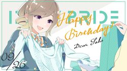  :d birthday blonde_hair brown_hair drill_hair female happy_birthday highres idoly_pride looking_at_viewer mole mole_under_eye official_art open_mouth ponytail purple_eyes qp:flapper shiraishi_saki short_hair smile sweater 