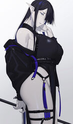  ass bare_shoulders black_hair blue_eyes breasts colored_skin commentary_request earrings elf female fingernails grey_skin highres jewelry kaoruko_(unkrk55) large_breasts long_hair looking_at_viewer off_shoulder original pointy_ears ponytail purple_eyes sharp_fingernails solo 