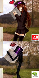  ander_(at2.) at2. black_legwear black_skirt blush brown_hair closed_eyes commentary enderman female garter_straps heart highres jpeg_artifacts long_hair minecraft nvidia open_mouth personification pleated_skirt radeon skirt smile thighhighs very_long_hair 