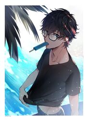  1boy amamiya_ren black_hair black_shirt blue_eyes border food food_in_mouth glasses hair_between_eyes highres looking_at_viewer male_focus mouth_hold persona persona_5 popsicle popsicle_in_mouth shirt solo sonomi sweat twitter_username water white_border 